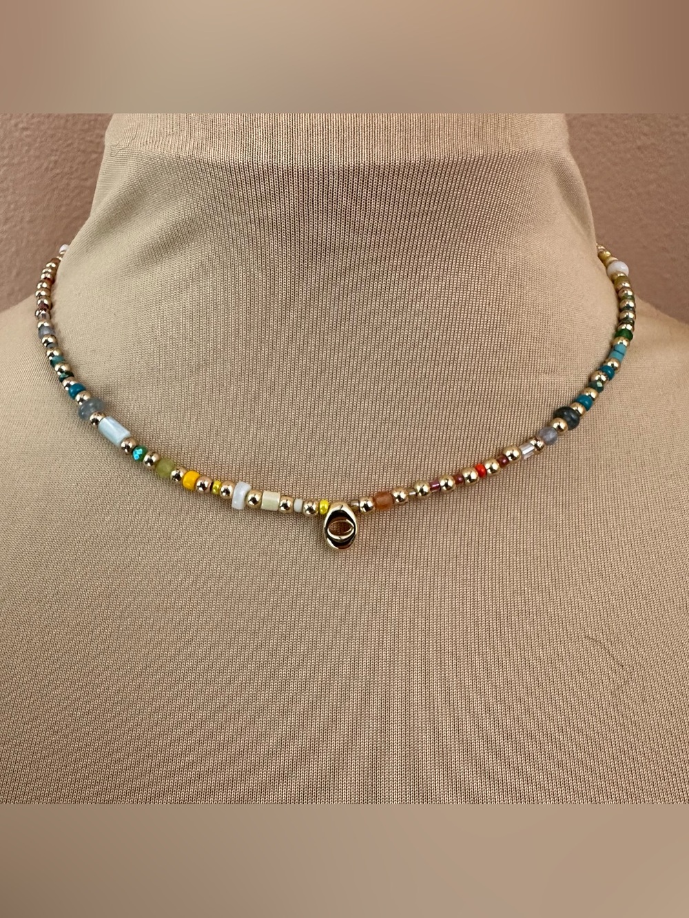 Anthropologie Beaded Bubble Lowercase Letter “o” Monogram Necklace 16” Boho